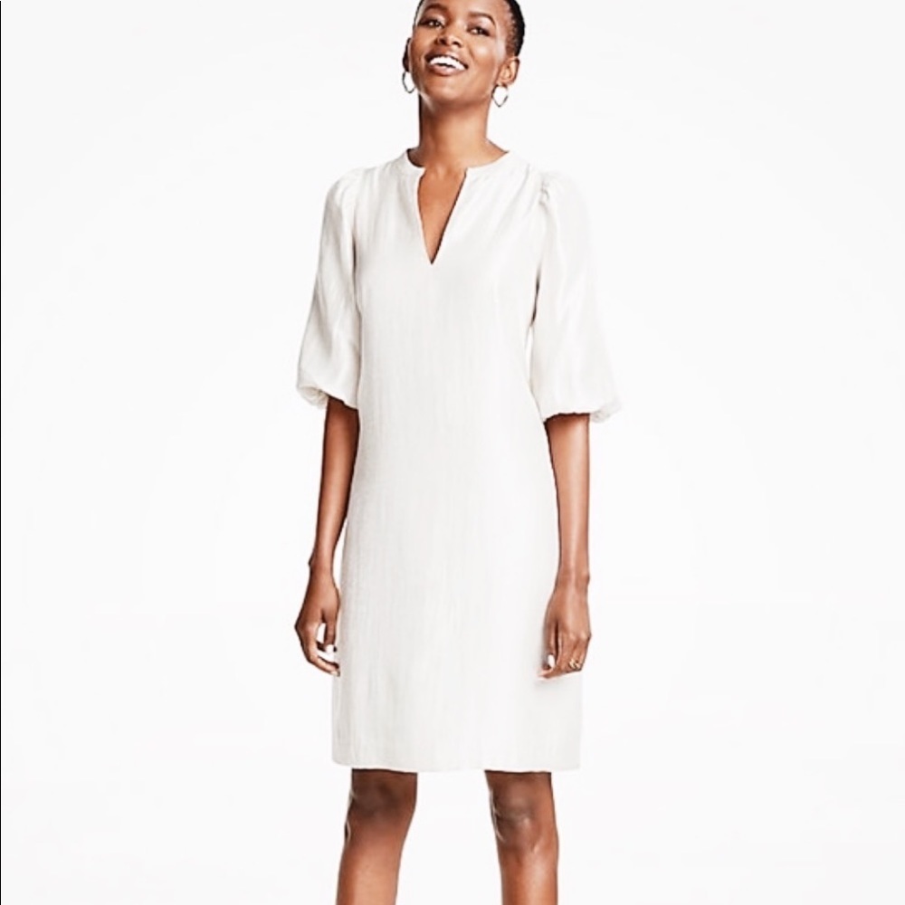 Ann Taylor · White Shimmer Metallic Shift Dress With Puff Sleeves · Sz 2P